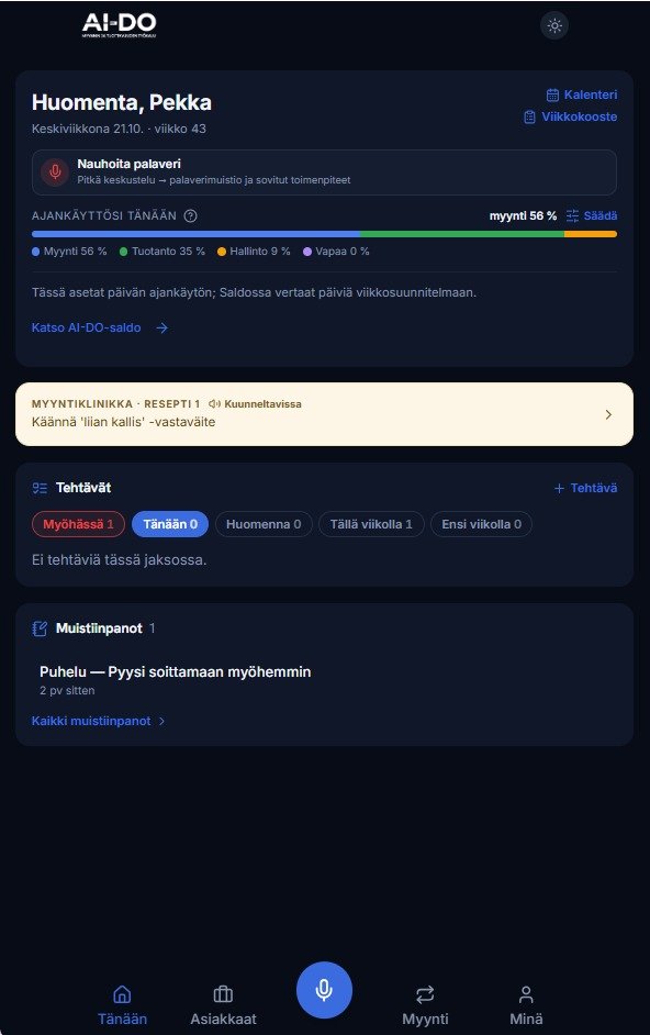 AI-DO:n Tänään-näkymä, tavoitteet ja tehtävät